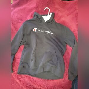 Champion Black Hoodie with White and Red Script Logo